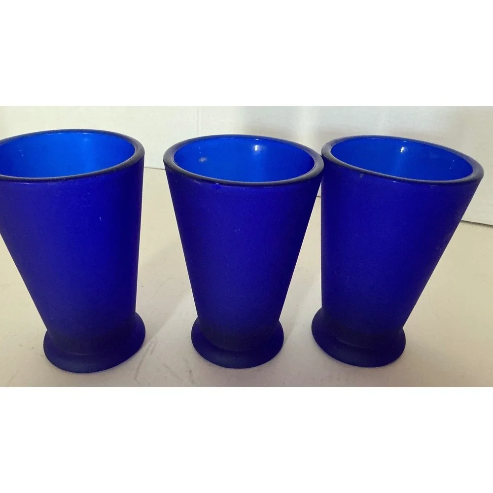 Cobalt Blue Frosted Glass Shot Glasses Set of 3 Tapered Conical Barware